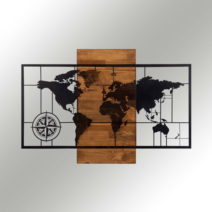 Wallity World Map With Compass Negro y Nogal